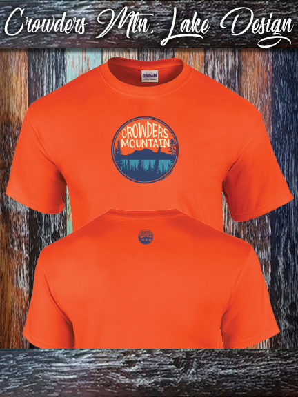 Crowders Mountain Lake design on a Gildan 100% cotton orange shirt.