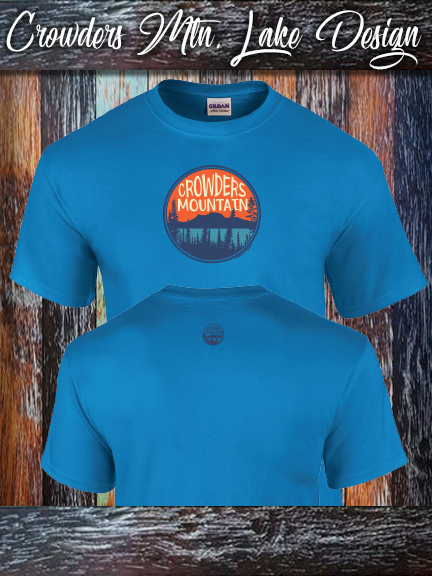 Crowders Mountain Lake design on a Gildan 100% cotton sapphhire shirt.