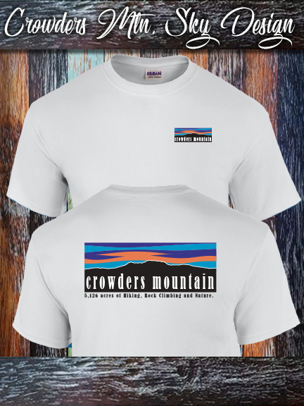 Crowders Mountain Sky shirt printed on a 100% cotton Gildan white.